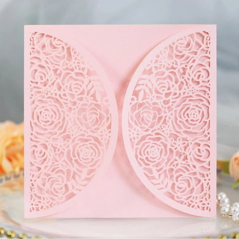 Elegante Lasergeschnittene Perlmuttpapier Hochzeit Einladungskarte Nur Hülle Rose Blumen Hohl Design Ohne Innenseite Und Umschlag