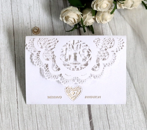 European Laser Cut Wedding Invitation Cards With Ribbon Pearlescent Paper Hollow Lace Bird Heart Greeting Cards For Party Wedding