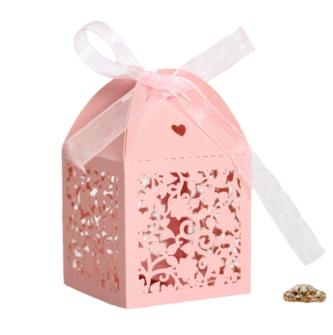 Caja de Caramelos de Boda con Corte Láser Flor Europea de Papel Perlado con Cinta Corazón Hueco Caja de Regalo para Fiestas