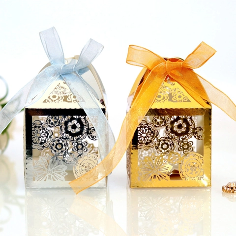 European Style Laser Cut Hollow Out Floral Wedding Favor Candy Boxes With Ribbon Pearlescent Paper Gift Box For Party Decoration