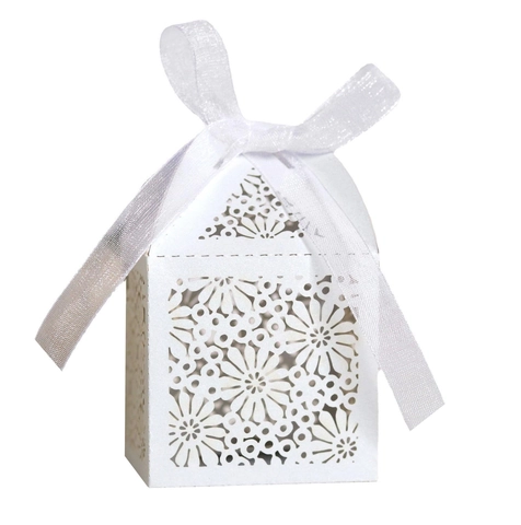 Cajas de Dulces de Boda Huecas Cortadas con Láser Caja de Regalo de Chocolate de Papel Perlado con Lazo de Cinta