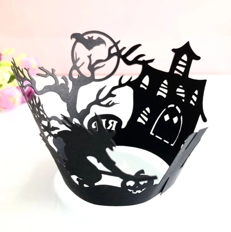 Halloween Cupcake-Hülle Laserschnitt Papier Tortenhüllen Schloss Hexe Fledermaus Gruselige Party Dessert Dekorative Spitzenhüllen