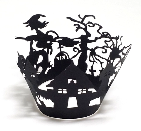 Halloween Laser Cut Cupcake Wrappers Hollow Out Witch Castle Design Paper Cake Border For Party Dessert Table Decoration