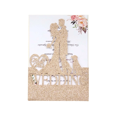Invitations de Mariage Découpées au Laser Avec Enveloppe Élégant Papier Scintillant Silhouette de Couple Cartes de Voeux pour Fiançailles