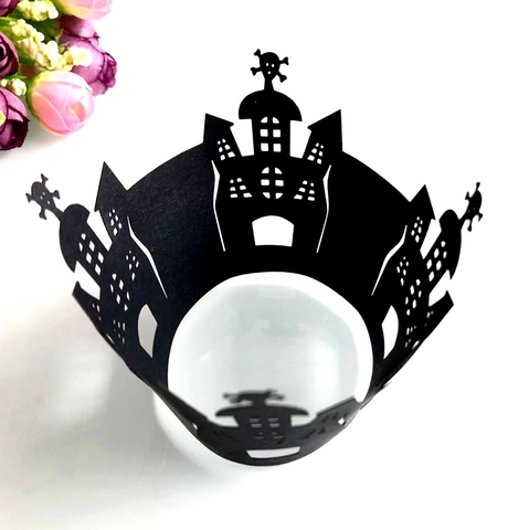 Halloween Lasergeschnitten Cupcake-Hüllen Schloss Totenkopf Karton Kuchen Dekor Für Partyzubehör Schwarz Gold Silber