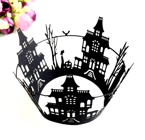Gothic Halloween Laser Cut Cupcake Wrappers Hollow Out Castle Pumpkin Bat Cake Decor For Party Event Baking Paper Supplies