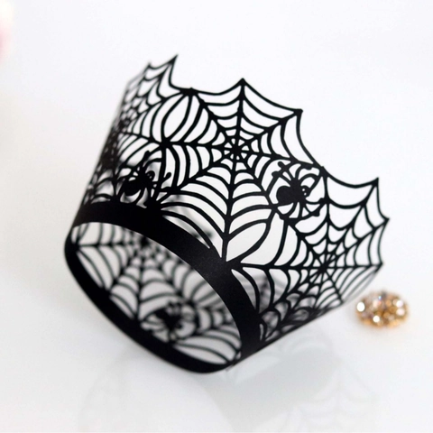 Halloween Spinnenweb Lasersnede Cupcake Wikkels Hol Papier Cake Wraps Voor Halloween Gotische Party Decoraties Benodigdheden