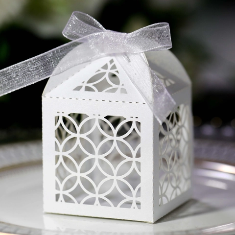 Pearlescent Paper Laser Cut Hollow Candy Boxes Ribbon Bow Gift Packaging Box For Wedding Party Favor Guests Chocolate Box