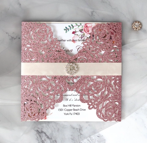 Laser Cut Heart Rose Wedding Invitation Glitter Pearl Paper Invitation Cards With Envelopes For Marriage Party Banquet