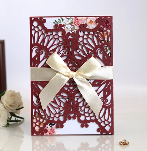 European Laser Cut Wedding Invitations Pearl Paper Floral Invitation Cards With Ribbon Bow Inner Sheet And Envelope For Engagement Party