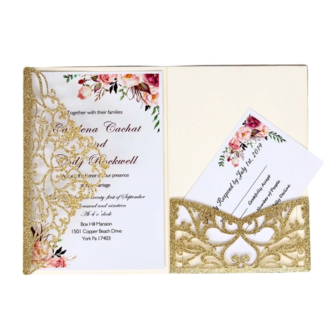 Set Inviti Matrimonio Taglio Laser Europeo Con Copertina Carta Luccicante Carta Interna Floreale Busta RSVP Per Festa Banchetto