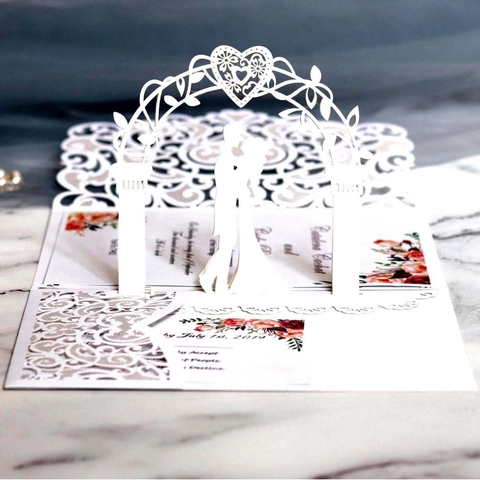 3D Pop Up Wedding Invitation Cards Laser Cut Heart Flower Arch Bride Groom Luxurious Elegant Pearl Paper Greeting Cards Engagement Party Anniversary Gifts