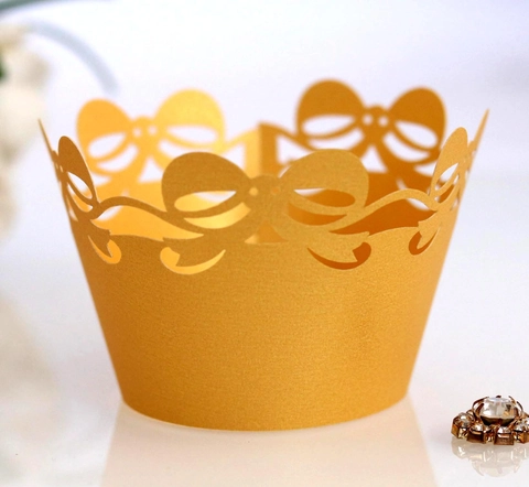 Laser Cut Cupcake Wrappers Hollow Out Bow Pearlescent Paper Cake Decor For Wedding Birthday Party Dessert Table Decorations