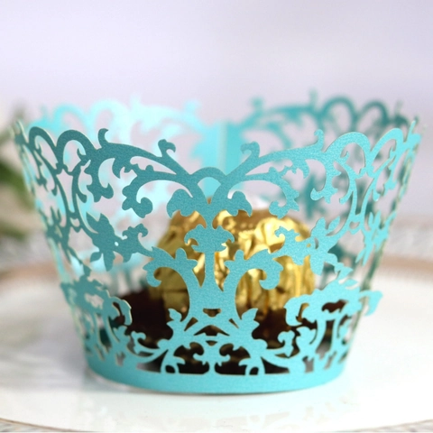 Laser Cut Hollow Cupcake Wrappers Lace Filigree Pearlescent Paper Cake Decorative Ring For Wedding Birthday Party Event Decor