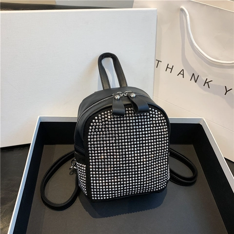 Mini Mochila Mujer Decorada Con Diamantes De Imitación Cuero PU Moda Pequeña Mochila Para Viajes Compras Estilo Coreano Brillo