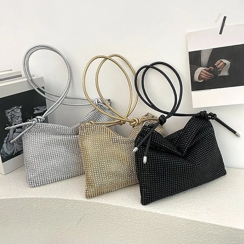 Fashion Women Shoulder Bag PVC Rhinestone Mesh Underarm Bag Sparkly Knot Strap Zipper Crossbody Bag Evening Party Handbag