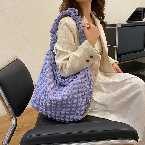 Women Fashion Popcorn Texture Shoulder Bag Soft Pleated Cloud Dumpling Crossbody Bag Large Capacity Nylon Casual Tote Bag