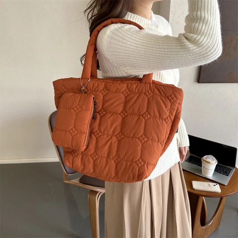 Bolso Tote de Poliéster Acolchado para Mujer Con Bolso Pequeño a Juego Bolso de Hombro de Gran Capacidad Color Sólido Casual
