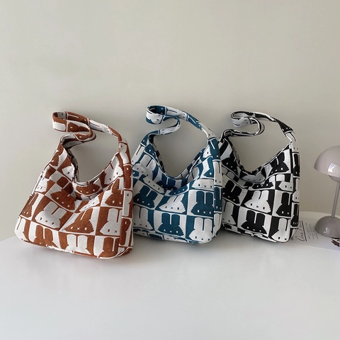 Strick Hase Muster Schachbrett Tote Bag Große Kapazität Jacquard Schultertasche Lässig Einkaufen Umhängetasche Für Damen Student