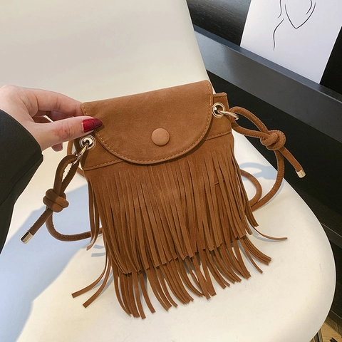 Vintage Fransen Quasten Umhängetasche Für Damen Kunstleder Wildleder Optik Schulter Eimertasche Boho Stil Pendler Handtasche