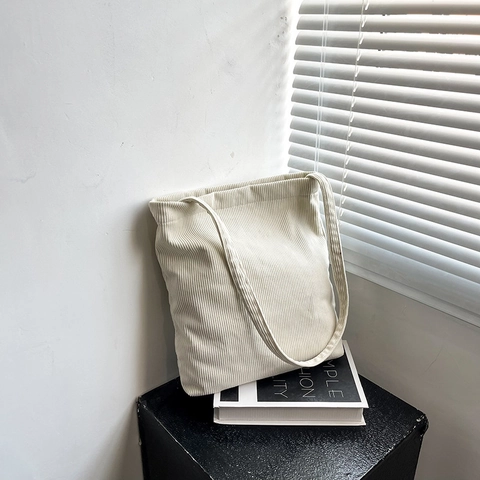 Bolso Tote de Pana para Mujer Gran Capacidad Rayas Verticales Bolso de Hombro Minimalista Casual Viaje Diario Color Sólido