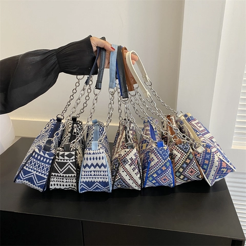Women Ethnic Boho Canvas Underarm Bag Vintage Geometric Jacquard Shoulder Bag With Metal Chain Zipper Daily Small Square Bag