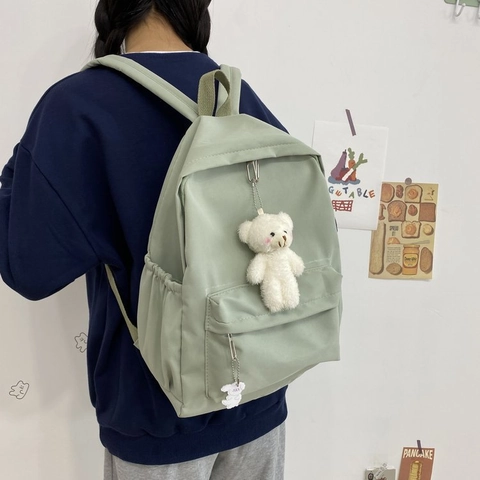 Korean Style Casual Nylon Backpack For Women Solid Color Large Capacity School Bag With Cute Bear Charm Travel Daypack