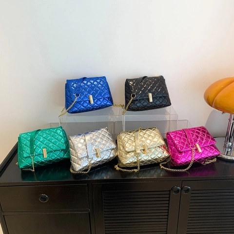 Borsa A Tracolla Trapuntata Metallica Da Donna Pelle PU Lucida Filo Rombico Catena Tracolla Moda Borsa Quadrata