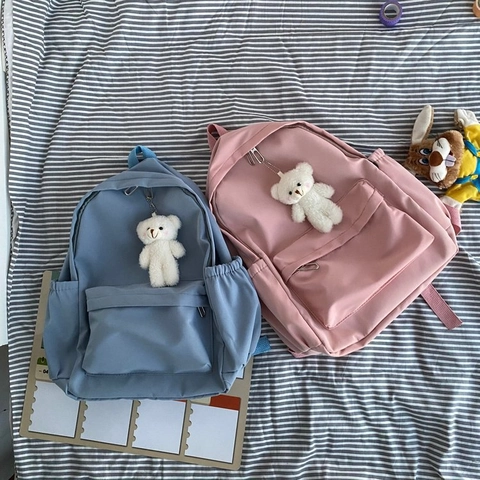 Korean Style Casual Nylon Backpack For Women Solid Color Large Capacity School Bag With Cute Bear Charm Travel Daypack