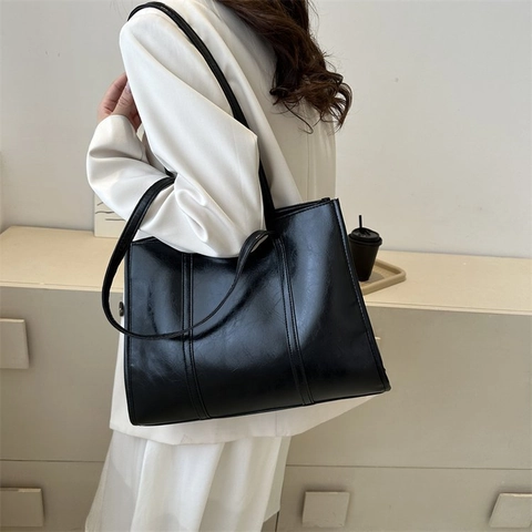 Bolso Tote Grande de Cuero PU Vintage Mujer Retro Negocios Viaje Diario Bolso de Hombro Gran Capacidad Diseño de Costura