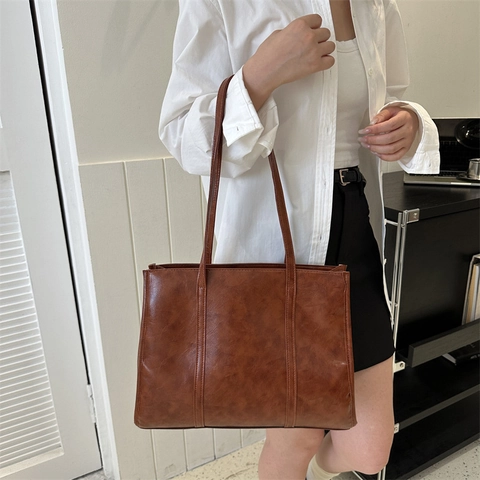Bolso Tote Grande de Cuero PU Vintage Mujer Retro Negocios Viaje Diario Bolso de Hombro Gran Capacidad Diseño de Costura