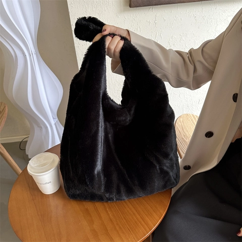 Bolso Tote de Peluche Minimalista para Mujer Gran Capacidad Color Sólido Piel Sintética Bolso de Hombro de Axila Casual