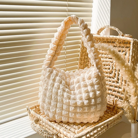 Bolso de Hombro para Mujer con Textura de Palomitas de Maíz Bolso Tote Minimalista con Rejilla Fruncida Bolso Portátil para Mujer
