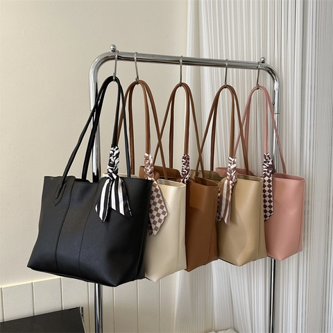 Women Large Capacity PU Leather Tote Bag With Decorative Scarf Minimalist Commute Shoulder Bag For Daily Office Use