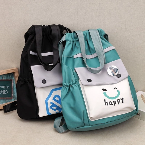Trendy Color-Block Nylon Drawstring Backpack Large Capacity Bucket Bag For Casual Travel With Smile Alphabet Print For Women