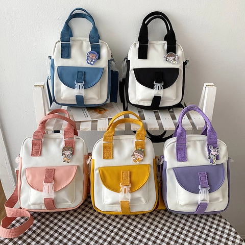 Sac à Épaule en Nylon de Style Coréen pour Femmes Patchwork Sac à Main avec Badge de Dessin Animé Petit Sac Fourre-Tout Décontracté