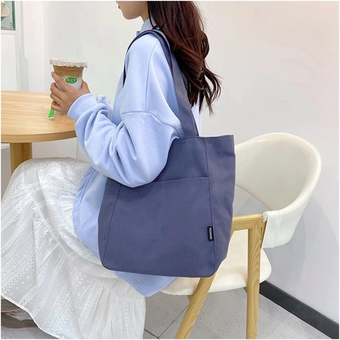 Borsa Tote in Tela a Grande Capacità da Donna Semplice Tinta Unita Borsa a Spalla Versatile Borsa per Libri Studenti Per Scuola Quotidiana