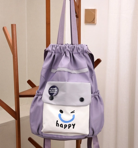 Trendy Color-Block Nylon Drawstring Backpack Large Capacity Bucket Bag For Casual Travel With Smile Alphabet Print For Women