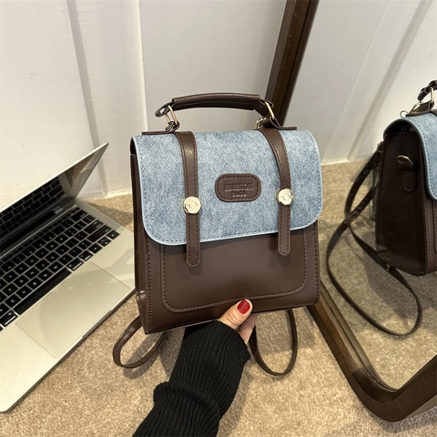 Vintage Color Block Women Backpack PU Leather Denim Patchwork Preppy Style School Bag For Student Travel Handheld Backpack