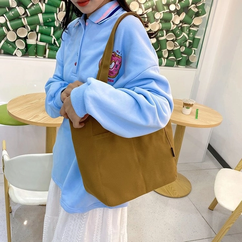 Borsa Tote in Tela a Grande Capacità da Donna Semplice Tinta Unita Borsa a Spalla Versatile Borsa per Libri Studenti Per Scuola Quotidiana