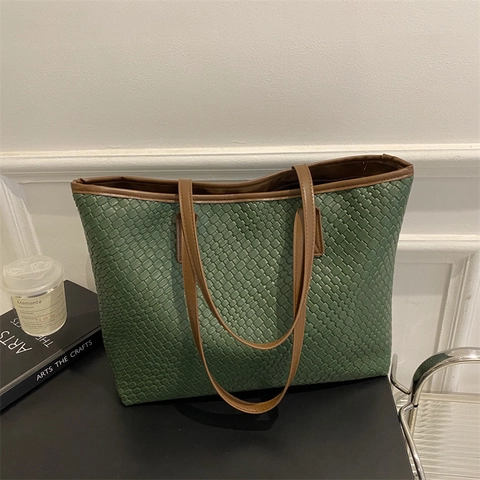 Vintage Υφαντή Patchwork Τσάντα Tote Μεγάλης Χωρητικότητας από Δέρμα PU Γυναικεία Τσάντα Ώμου Retro Casual Handbag