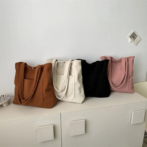 Bolso Tote de Pana de Gran Capacidad para Mujer Vintage Color Sólido Bolso de Hombro Con Bolsillo Delantero Suave Retro
