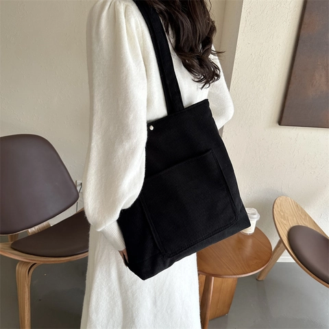 Large Capacity Corduroy Tote Bag For Women Retro Striped Texture Shoulder Bag With Front Pocket School Daily Handbag