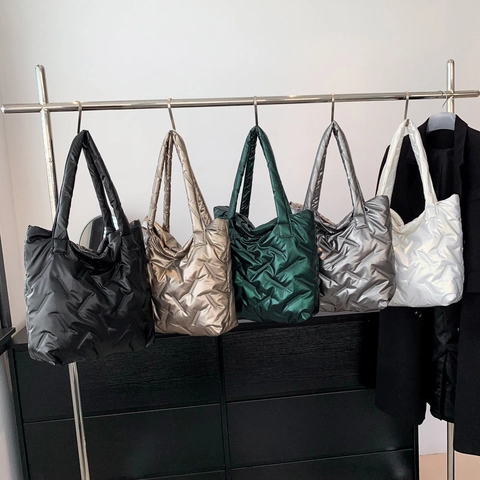 Bolso de Mano Acolchado de Gran Capacidad para Mujer de Cuero PU Brillante Metalizado Bolso de Hombro Casual para Damas