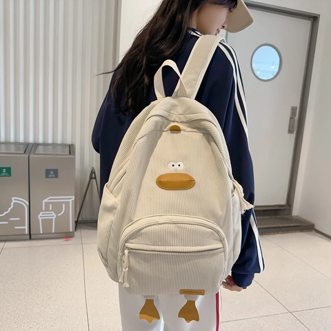 Mochila de Pana con Diseño de Pato para Mujer Estudiante Bolso Escolar Moda Casual Color Sólido Decoración de Pies de Pato