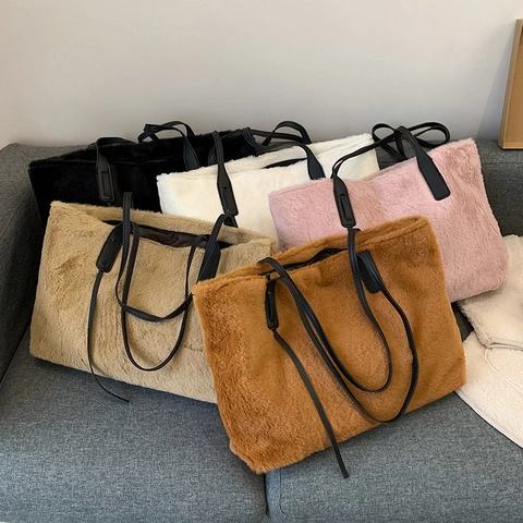 Damen Kunstfell Tote Bag Plüsch Große Kapazität Umhängetasche Einfache Winter Mode Handtasche Für Tägliche Einkäufe Damen