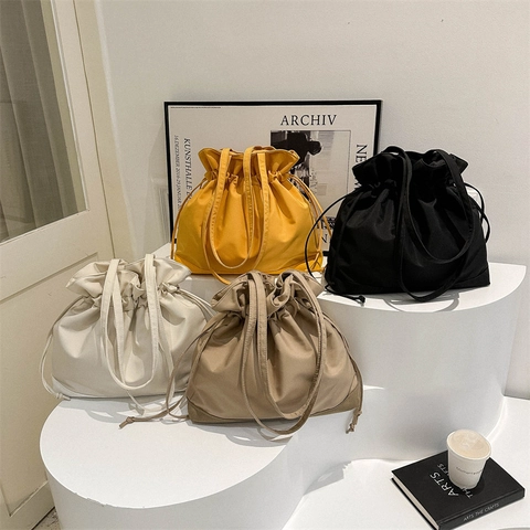 Women Minimalist Large Capacity Drawstring Shoulder Bag Durable Canvas Solid Color Casual Tote Bag For Daily Office Use
