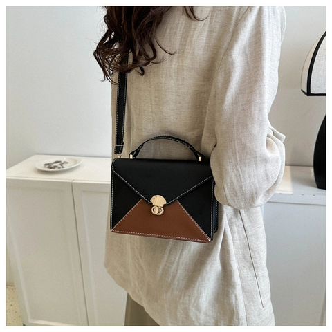 Bolso Bandolera de Cuero PU de Bloque de Color Vintage Para Mujer Estilo Coreano Costuras Pequeño Bolso Cuadrado Bolso de Hombro