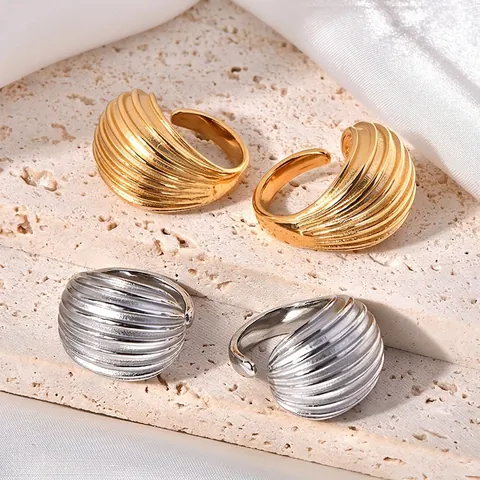 Anillo Abierto Croissant de Acero Inoxidable Minimalista para Mujer Chapado en Oro Plata Texturizado Ondulado Joyería