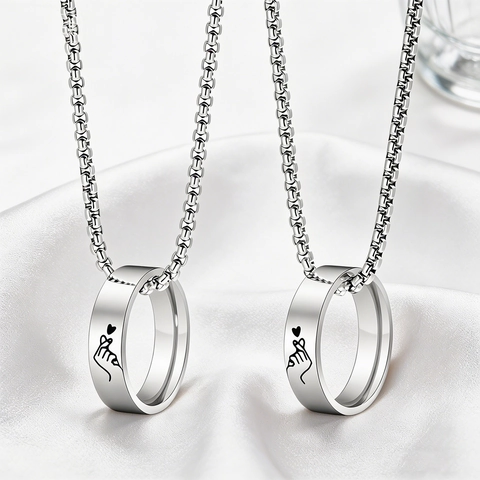 Stainless Steel Pendant Necklace Ring Shape Finger Heart Gesture Polished Rolo Chain Modern Jewelry For Couples
